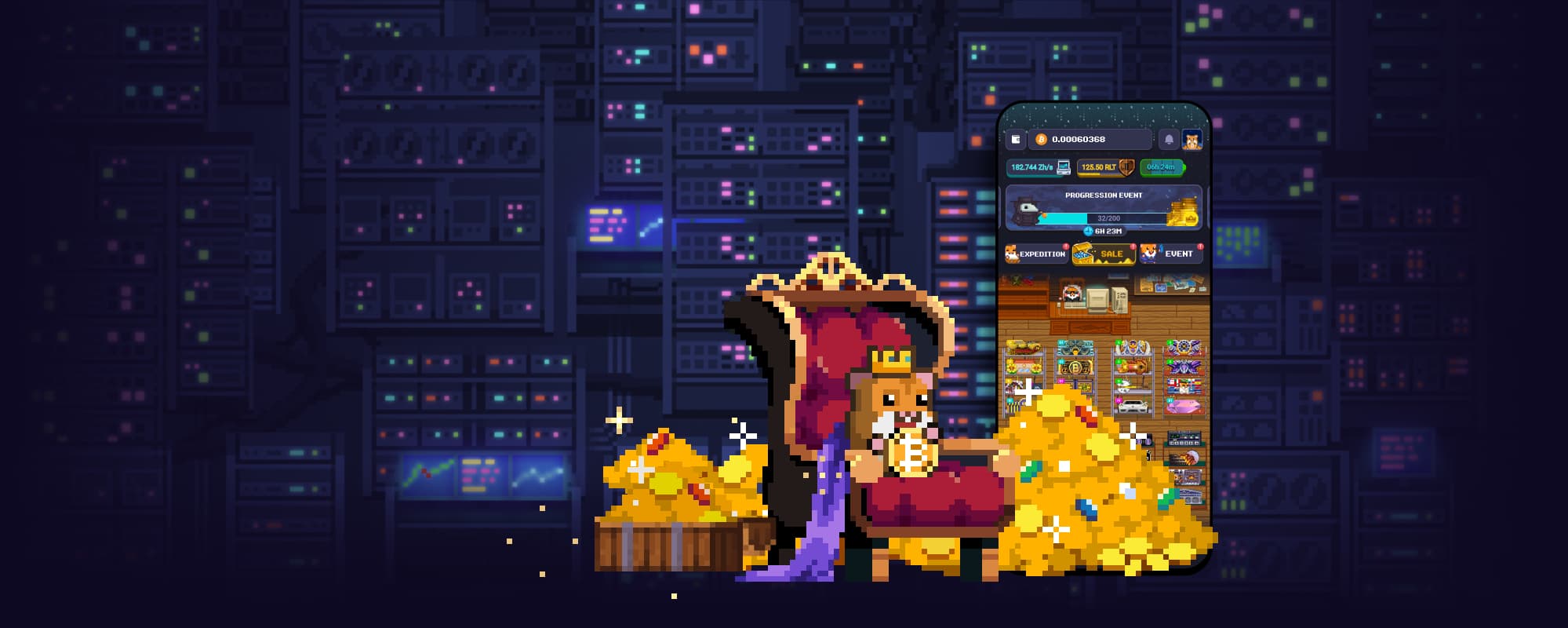 A crowned RollerCoin hamster on a throne, between piles of gold coins and a phone showing the game
