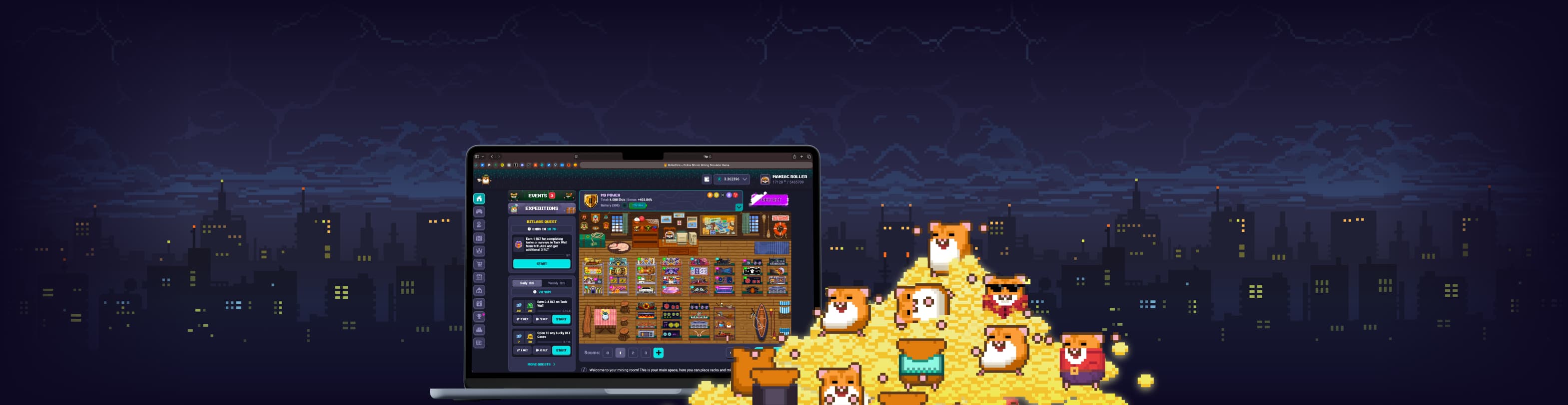 The RollerCoin game open on a laptop, beside a hill of gold coins covered in hamsters